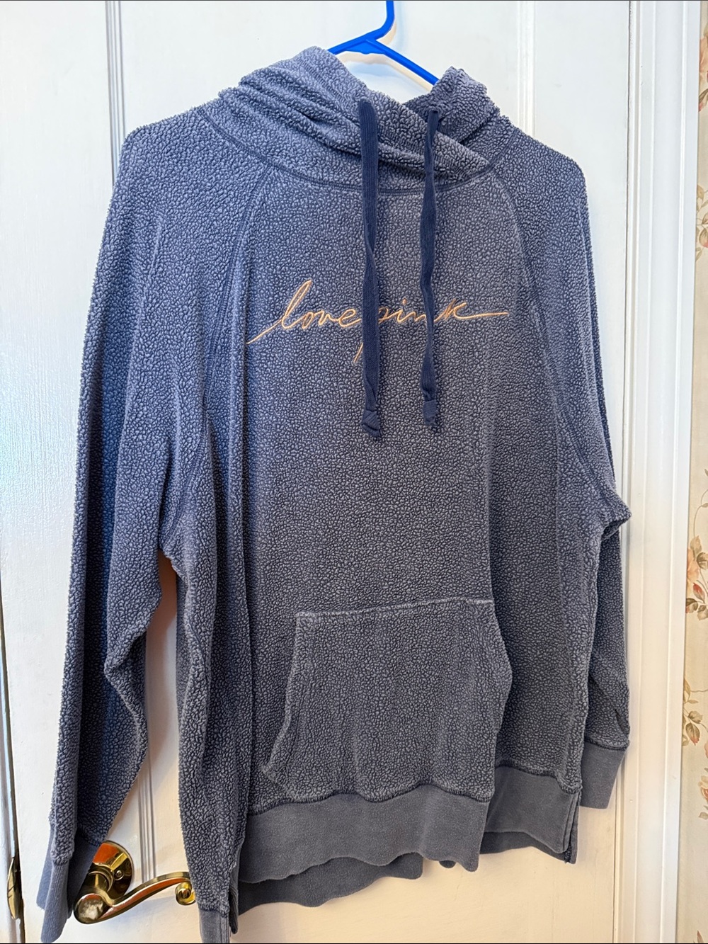 💙 VS PINK Navy Blue Sherpa Hoodie with Script Logo Sz L